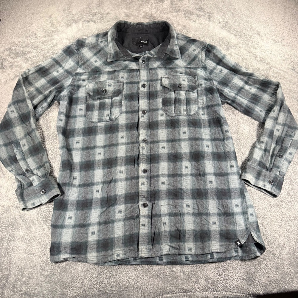 Hurley Mens Large Grey Green Black Plaid Native Accents‎ Cotton Button Up Shirt